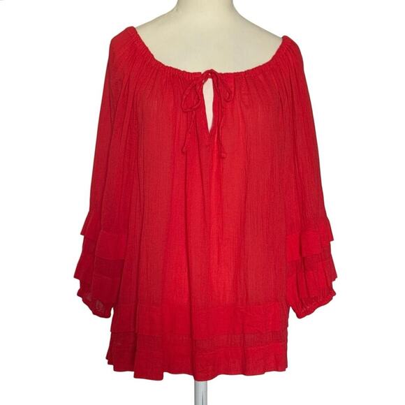 Lauren Ralph Lauren Black Label Red Ruffle Trim Crinkle Cotton Top Womens Size S - Picture 2 of 11